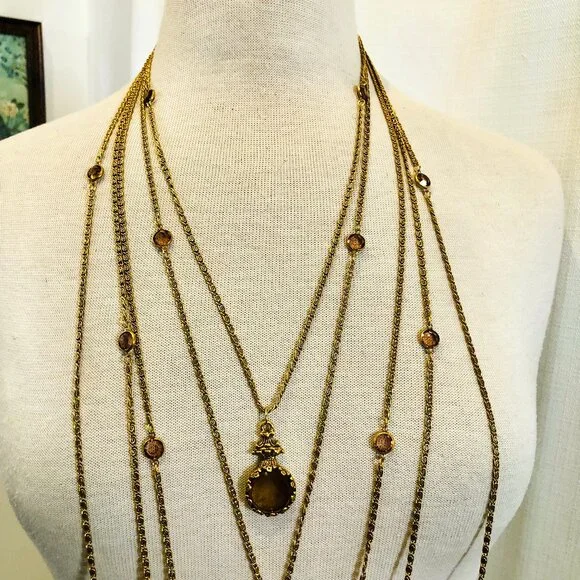 Vintage 1960s Goldette Jewelry Multi Strand Necklace with Pendants in Gold Tone - Picture 2 of 15